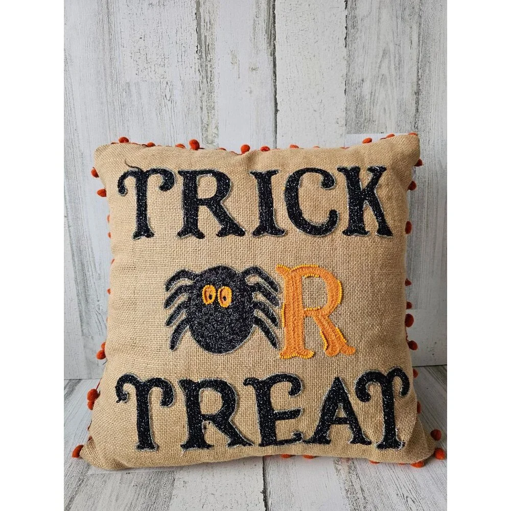 Trick or treat‎ Halloween beaded pillow burlap orange unique shabby chic spider